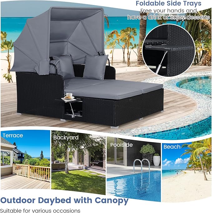 RELAX4LIFE Patio Outdoor Daybed with Canopy, Wicker Sunbed w/Cushions, 4 Pillows & 2 Retractable Side Trays, 2-Person Lounge Bed Conversation for Poolside Porch Garden, Rattan Outdoor Bed (Grey)