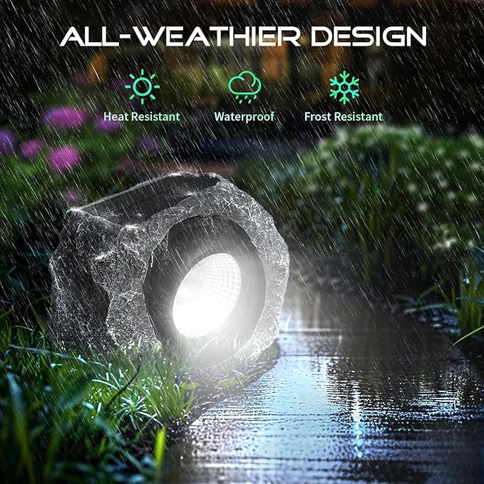 4 Pack Solar Rock Lights Outdoor, Angle Adjustable Solar Lights Outdoor Waterproof, LED Solar Garden Lights, Auto On/Off Landscape Lighting for Yard Pathway Patio Flower Bed - White Glow (Stone Gray)