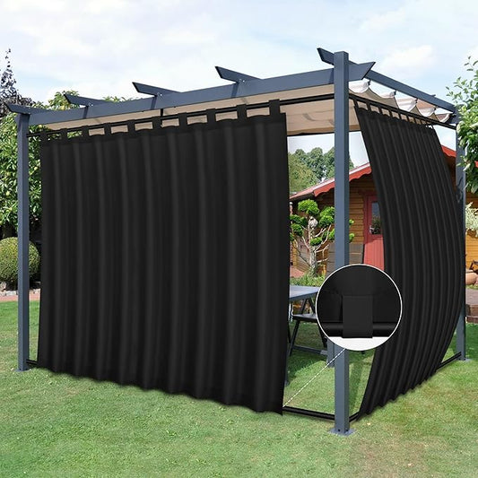 Easy-Going Outdoor Patio Curtains Detachable Tab Top Windproof Weatherproof Curtain for Cabana, Porch, Pergola and Gazebo, Tab Bottom Drape, 2 Panels, 110W x 96L inch, Black