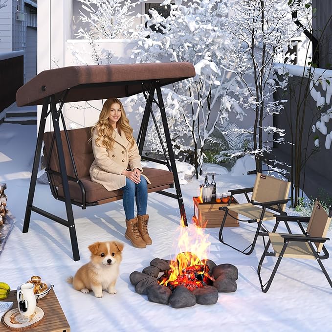 AECOJOY Outdoor Patio Swing Chair for Adults, 2-Seat Porch Swings with Adjustable Canopy, Outside Swing Bench with Removable Cushion, Suitable for Backyard, Garden, Yard, Poolside, Balcony