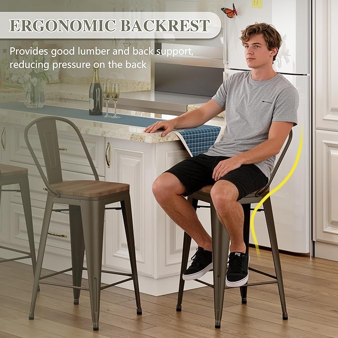 Yongqiang 26 inch Bar Stools Set of 4 Kitchen Counter Height Bar Chairs Modern Farmhouse High Back Metal Barstools with Large Wooden Seat Rusty