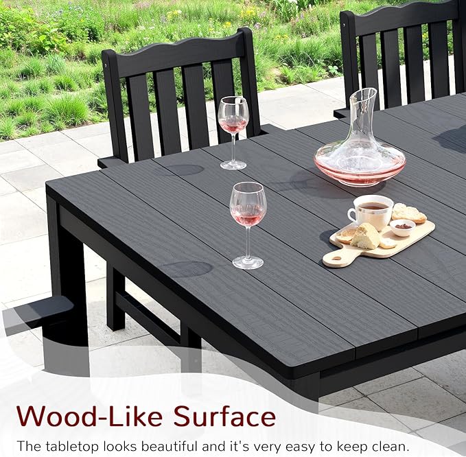 Stoog All-Weather Patio Dining Table for 6, 63" Waterproof HIPS Material Dining Table with Umbrella Hole, Never Rot or Fade, Black