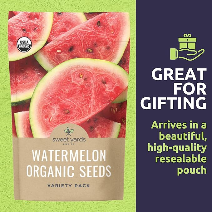Organic Watermelon Seeds Variety Pack - 6 Individual Packs - 2026 Season - Sugar Baby, Orange Tendersweet, Jubilee and More! for Indoor & Outdoor Planting (Non-GMO, Certified Organic)