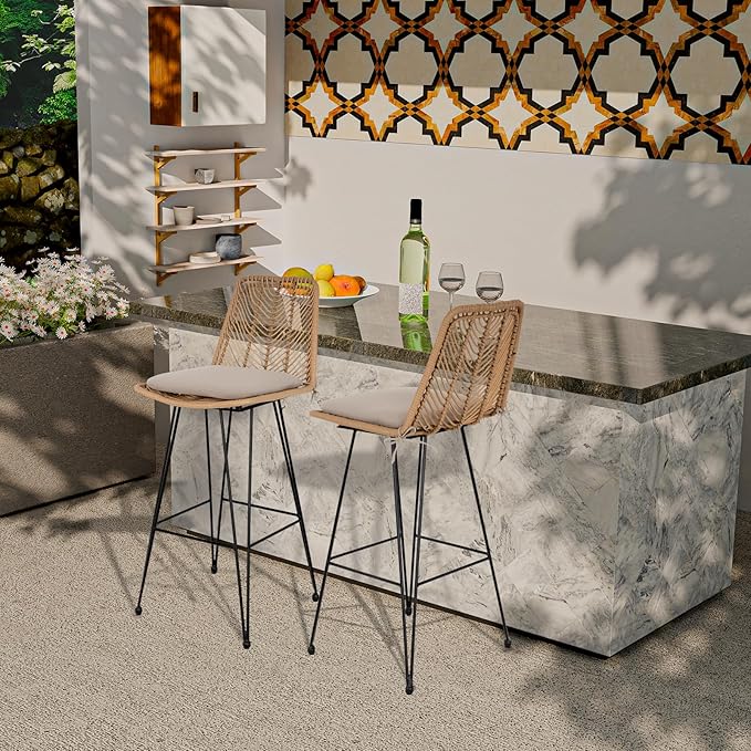 IDZO Outdoor Rattan Bar Stools Set of 2, 42-Inch Tall with 400lbs Weight Endurance, Featuring a Steel Frame and Comfort Cushions, Ideal Outdoor Bar Stools and Kitchen Island