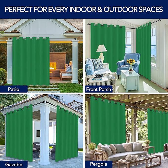 PureFit Outdoor Curtains for Patio Waterproof Weatherproof, UV Resistant Outside Curtains for Gazebo, Front Porch, Pergola, Sun Blocking Privacy Curtain, 100W x 95L inch, 1 Panel, Green