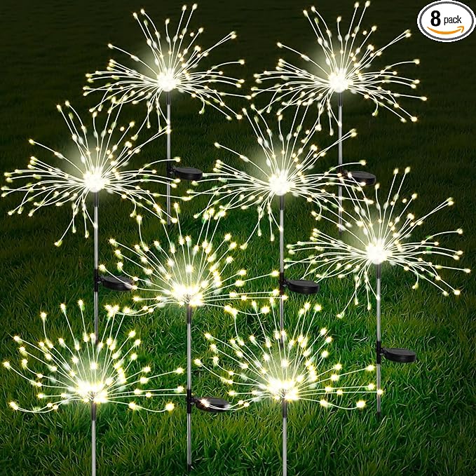 FOOING 8 Pack Solar Garden Lights Solar Firework Lights Waterproof, 200 LED String Light 2 Modes Twinkling Fairy Nightlight for Garden, Wedding, Party, Patio, Yard, Landscape Decoration, (Warm White)