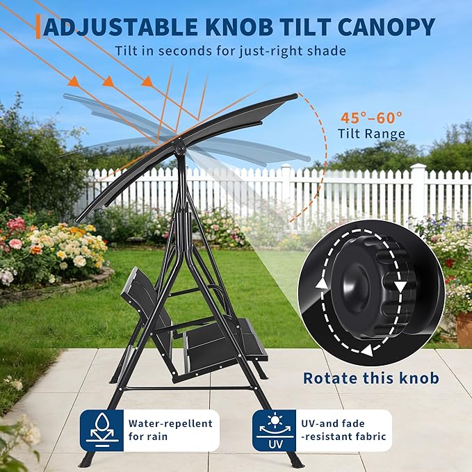 2-Seat Outdoor Patio Porch Swing with Stand, Waterproof Textilene & Adjustable Canopy, Steel Frame Swing Outdoor Chair for Backyard, Front Porch, Lawn, Garden