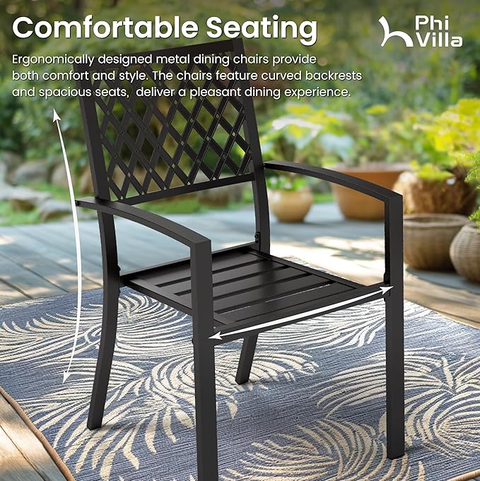 PHI VILLA 7 Piece Outdoor Dining Set for 6, 60” Rectangular Black Metal Table with Umbrella Hole & Stacking Wrought Iron Chairs, Large Outside Furniture Set for Patio, Deck, Porch, Backyard