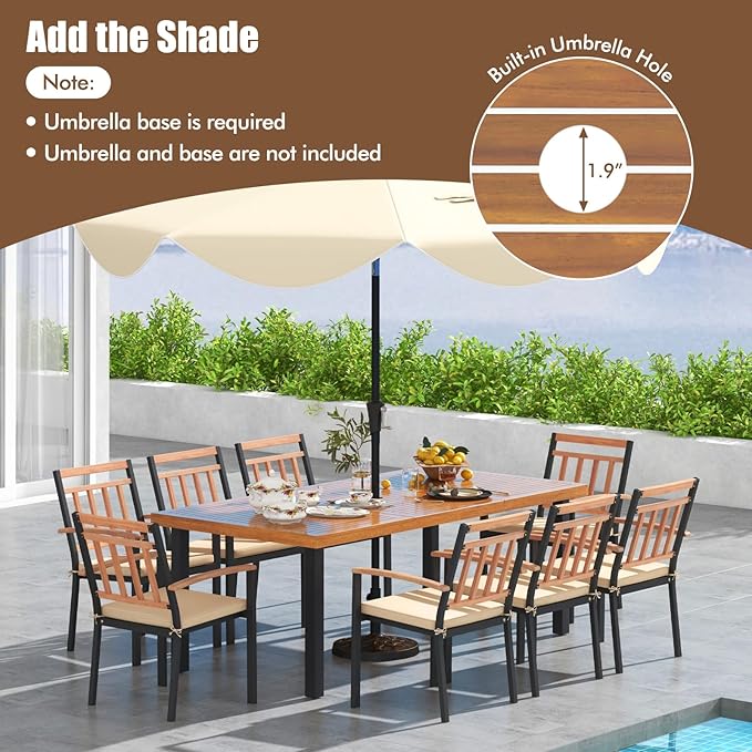 Tangkula 9 Pieces Patio Dining Set, Outdoor Acacia Wood Table and Chairs with Soft Cushions and 1.9” Umbrella Hole, Outdoor Patio Furniture Set for Garden, Deck and Backyard