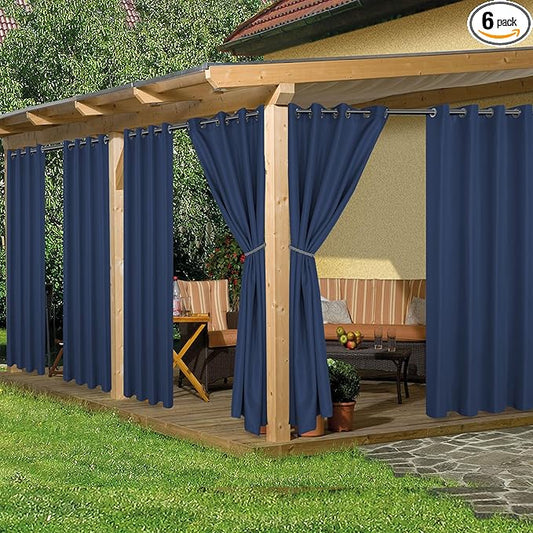 HolidayIdeas Waterproof Outdoor Curtains for Patio, 6 Panels - 54x108 Inches - Weatherproof Privacy Outsides Curtains for Backyard Porch Gazebo, Sunlight & UV Blocking (Navy, Grommet Top)