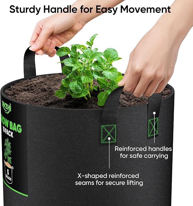 Grow Bags for Potato 5-Gallon: 10 Pack Black 350G Heavy Duty Thickened Fabric Pots with Handles & Labels - Nonwoven Gardening Containers for Growing Plants Vegetable Fruit Tomato Flowers Herbs