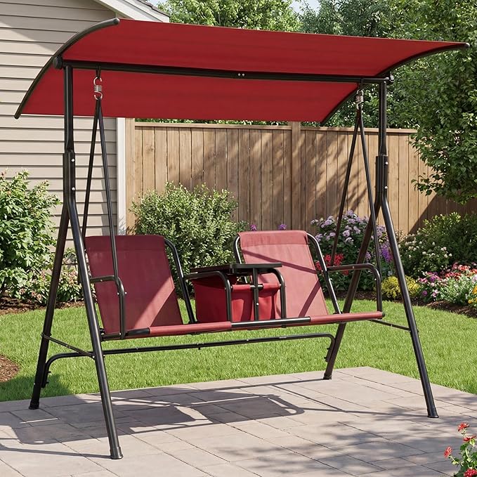 2-Person Porch Swing with Cup Holders, Pivot Storage Table & Cooler Bag, Adjustable Canopy, Black Steel Frame Outdoor Patio Swing for Backyard, Balcony & Poolside