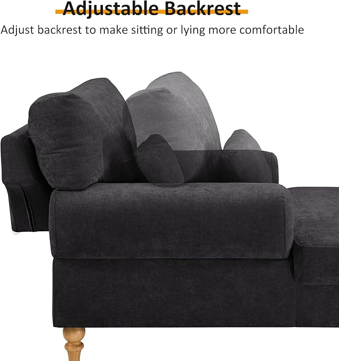 Modern Chaise Lounge Chair with Adjustable Backrest, Upholstered Indoor Leisure Sofa Recliner, Oversized Accent Chair Deep Seat Reading Armchair for Living Room, Bedroom, Office, Black