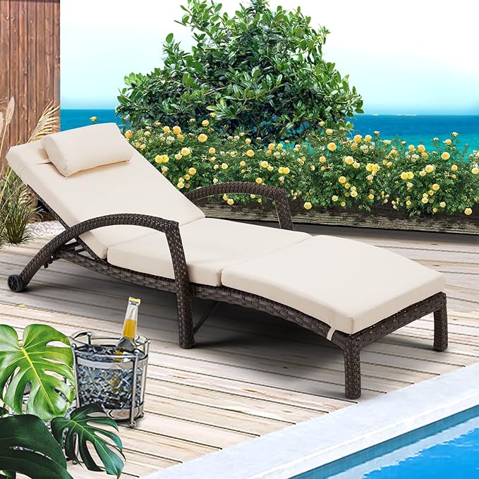 HOMREST Chaise Lounge Chairs Set of 6, PE Rattan Wicker Lounge Chair with Arm and Wheels for Poolside,Khaki