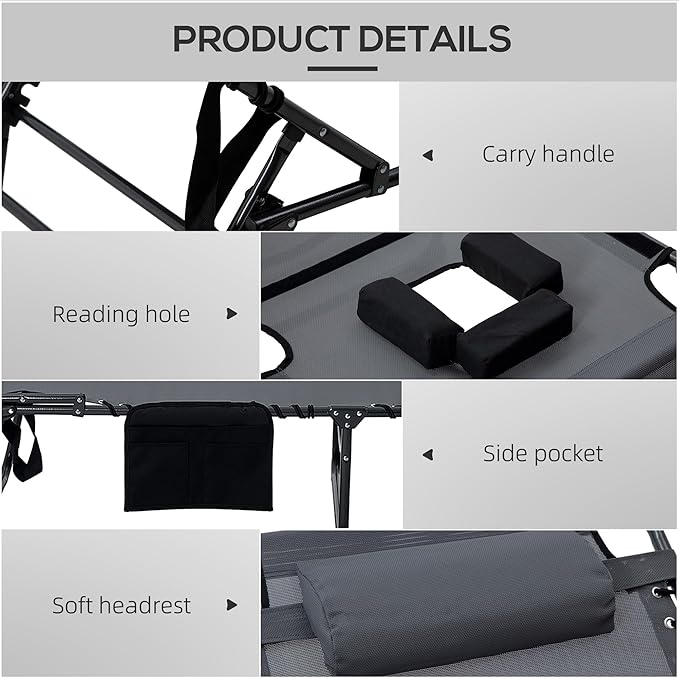 Outsunny 2 Piece Folding Chaise Lounge with 5-Level Reclining Back, Tanning Chair with Face Hole, Outdoor Lounge Chair with Side Pocket & Headrest for Beach, Yard, Patio, Gray