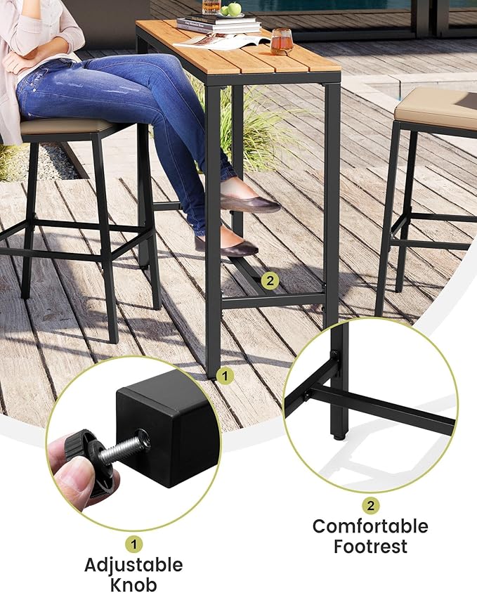 Crestlive Products Outdoor Bar Table and Chairs Set, 3 Piece Outside Patio Bar Set with 55" Long Bar Table and 2 Bar Stools for Balcony, Bistro, Garden, Backyard(Brown Desktop and Light Gray Cushion)