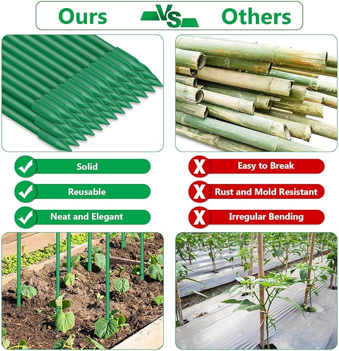 Lezmarket 60 Pack Garden Tomato Stakes(16" Each), Plant Support Stakes, DIY 4ft 5ft 6ft 7ft Sturdy Fiberglass Plant Sticks Support Garden Trellis for Growing Climbing Tomato Vegetables Flowers