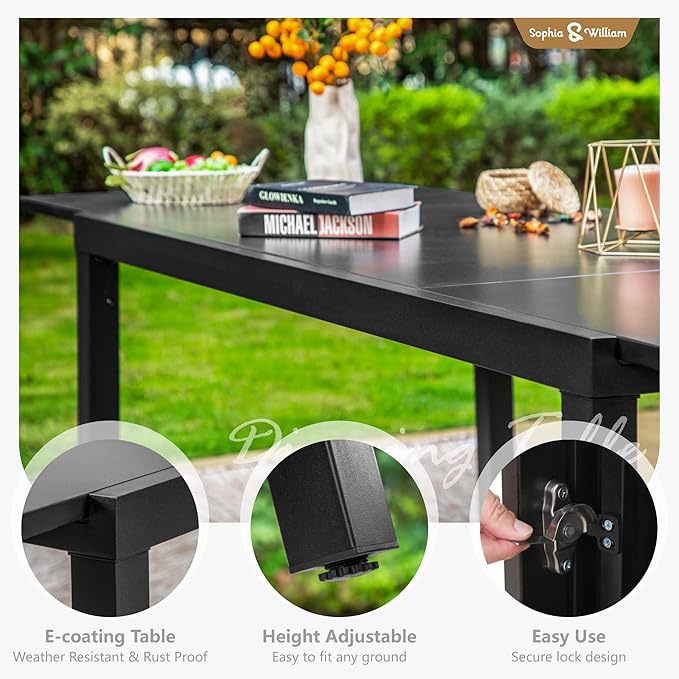 Sophia & William Expandable Patio Dining Table, Extra Large 99.2" L x 35.5" W Outdoor Dining Table for 6-10 Person Metal Rectangular Patio Table with E-Coating for Garden Porch Deck (Black)