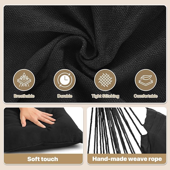 MoNiBloom Hammock Chair Hanging Rope Swing w/2 Cushions, Boho Macrame Hanging Chair Max 350 lbs Capacity w Pocket, Hardware Kit Included, Black