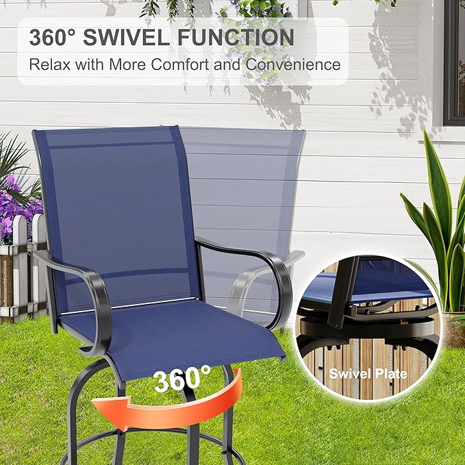 5 Piece Outdoor High Top Bar Set, 5 Pieces Outdoor Swivel Bar Set with 4 Swivel Chairs and Glass Top Table, All Weather Textile Fabric Outdoor Bar Height Chairs and Table Set of 5 for Deck, Backyard