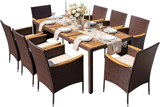 Greesum 9 Pieces Outdoor Patio Dining Set, Conversation Sets with 1 Table and 8 Rattan Chairs with Curved Acacia Wooden Armrests and Cushions, Brown