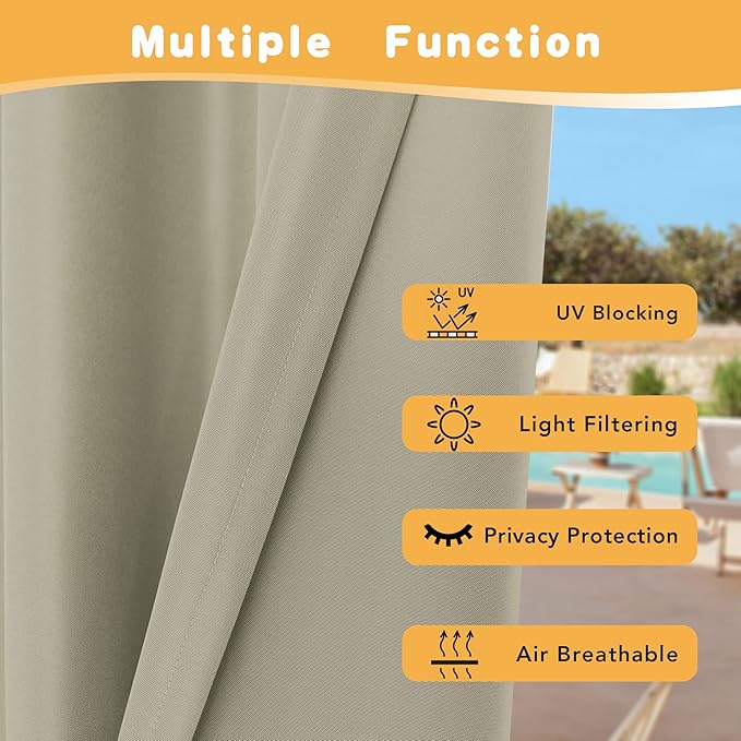 HolidayIdeas Outdoor Curtains for Patio Waterproof, 2 Panels - 84 x 84 Inch - Privacy Protection & Light Filtering Curtains Grommet Outside Curtains for Porch, Gazebo, Pergola, Backyard (Taupe)