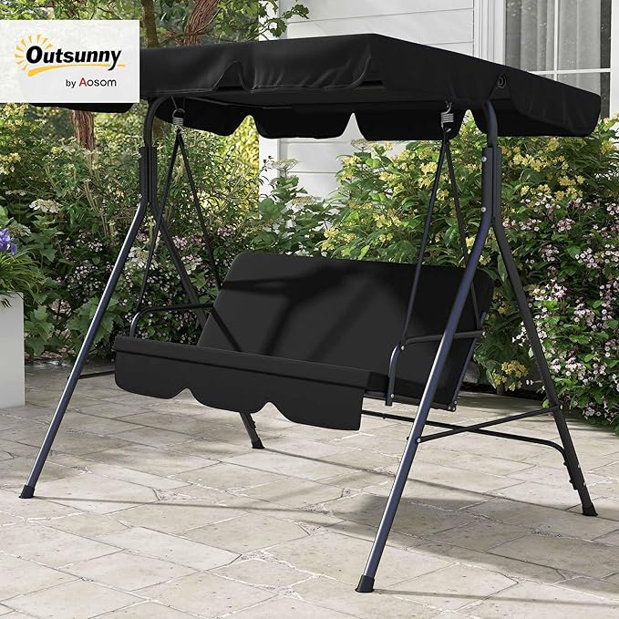 Outsunny 3-Seat Outdoor Patio Swing Chair with Removable Cushion, Steel Frame Stand and Adjustable Tilt Canopy for Patio, Garden, Poolside, Balcony, Backyard, Black 2