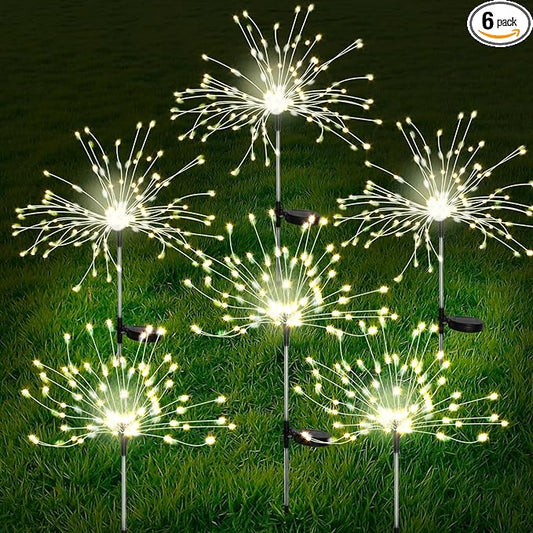 FOOING 6 Pcs Solar Garden Lights Solar Firework Lights, 200 LED String Light 2 Modes Twinkling Nightlight for Outside, Wedding, Party,Patio Home Deceration (Warm White)