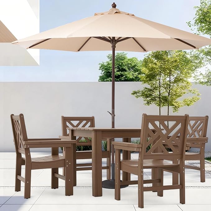 HDPE Outdoor Dining Set,5-Piece Outdoor Table and Chairs Include 4 Armchair Chairs and 35.5" Square Patio Dining Table with Umbrella Hole (Brown)