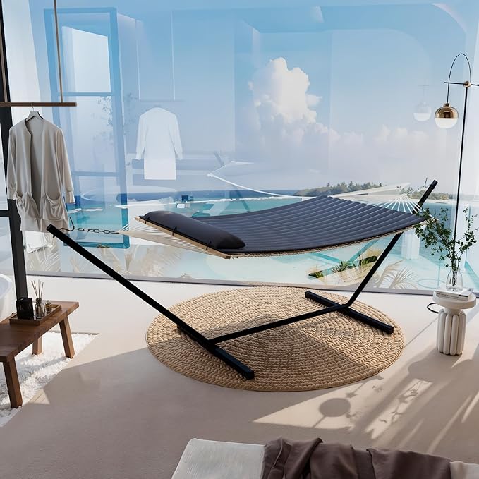 2 Person Outdoor Hammock with Stand, Portable Hammock, Heavy Duty Hammock with Soft Pillow, Balance Ropes, for Patio, Backyard, Garden, Beach, Gray