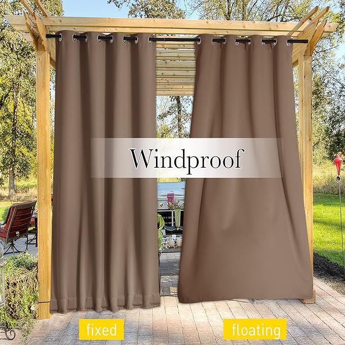 NICETOWN 2 Panels Blackout Patio Waterproof Outdoor Curtains, Thermal Insulated Top & Bottom Grommet & Back Tab Wind-Break Drapes Privacy for Pergola with Fixed Ropes, W52 x L72, Tan-Khaki