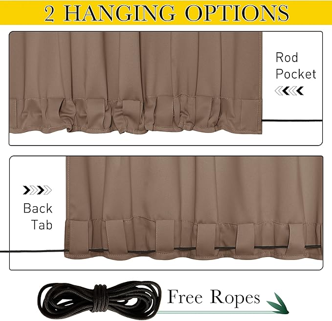 NICETOWN 2 Panels Outdoor Curtains for Patio Waterproof, Top & Bottom Grommet & Back Tab, Blackout Outdoor Drapes with Rope for Fixed Windproof Keep Privacy & Warm for Porch, W52 x L95, Tan-Khaki
