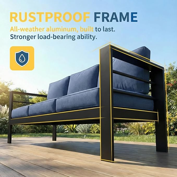 Wisteria Lane Aluminum Outdoor Patio Furniture Set, Modern Patio Conversation Sets, Outdoor Sectional Metal Sofa with 5 Inch Cushion and Coffee Table for Balcony, Garden, Black Frame & Blue Cushion