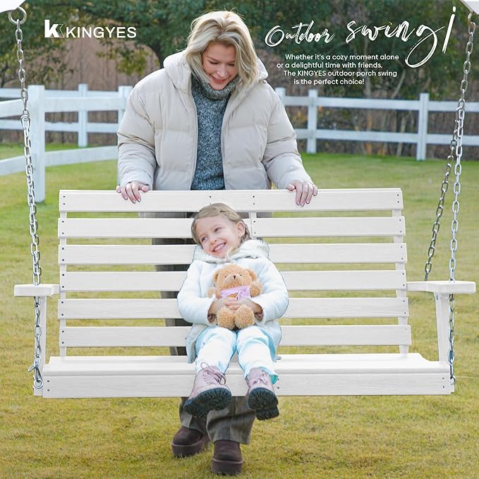 KINGYES Outdoor Hanging Porch Swing Set of 4, Waterproof Swing with Cup Holders for Courtyard & Garden, 660LBS Weight Capacity, White