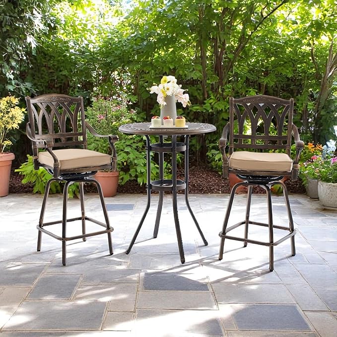 3 Piece Swivel Outdoor Table and Chairs Bar Set , All-Weather Cast Aluminum Outdoor High Top Patio Bar Set Bistro Set, High Swivel Stools with Cushions Umberlla Hole for Balcony, Poolside,Garden,Lawn