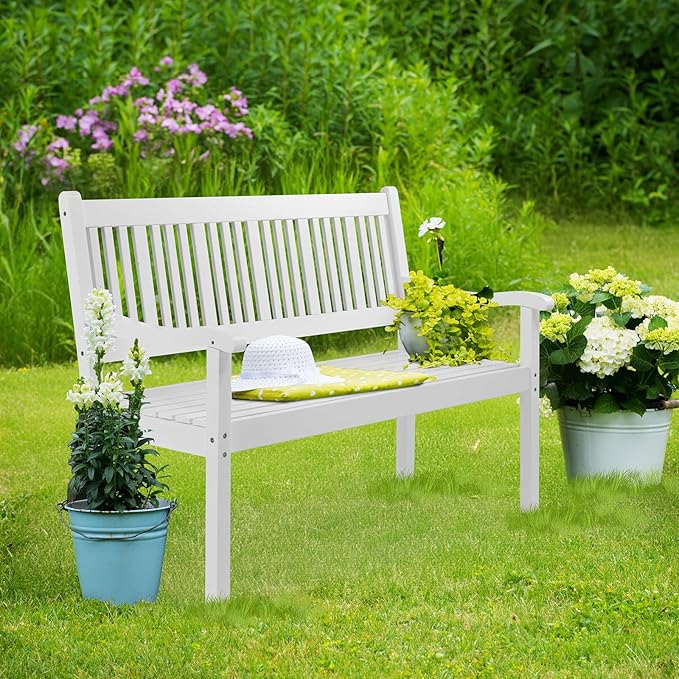 VINGLI 50" Outdoor Wood Bench, Weatehr Resistant Wooden Garden Patio Bench with Comfortable Backrest & Curved Armrest, 800lb Capacity Loveseat for Front Porch Park Yard Deck (White, Dense Slatted)