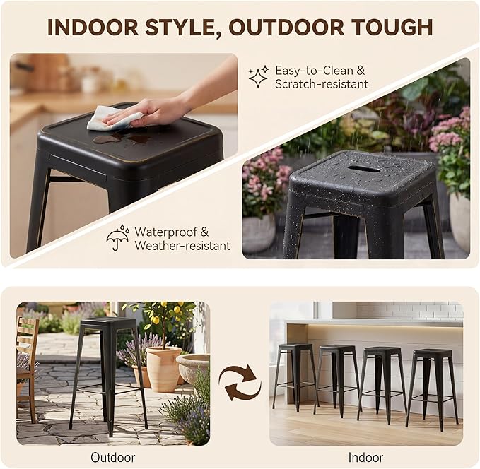 Shahoo 30 Inches Metal Bar Stools Counter Height Stackable Backless Stools, Industrial Patio Stools Indoor Outdoor Metal Kitchen Stools Set of 4 (Black Gold, 30'')