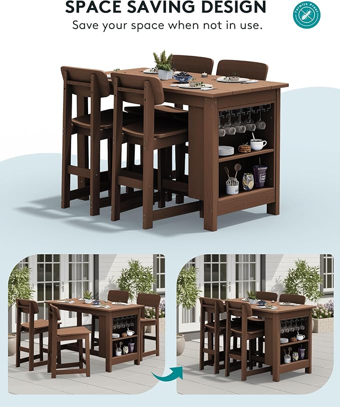 SERWALL Outdoor Bar Table, All Weather HDPE 36" Counter Height Dining Table with Storage and Wine Rack for Patio, Garden, Backyard, Balcony, Poolside, Brown