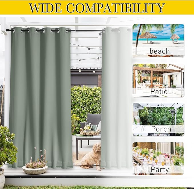 NICETOWN 2 Panels Outdoor Curtains for Patio Extra Wide 84", Waterproof & Windproof Grommet & Back Tab Fixed Top and Bottom Thermal Insulated Privacy Drapes with Rope for Deck, Sage Green, W84 x L108
