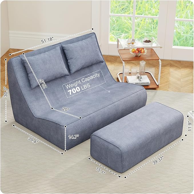Giant Bean Bag Chair for Adults - Indoor Chaise Lounge with Pillows & Ottomans, All-in-One Sponge Design, Upholstered Loveseat Floor Sofa Chair for Reading, Gaming, Napping, and Movies (SlateGray)