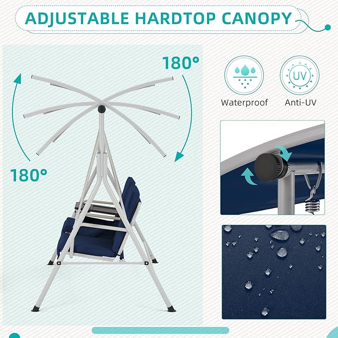 HOMREST 2 Seat Outdoor Porch Swing,Patio Swing with Adjustable Canopy,Heavy Duty 650 LBS Outdoor Swing with Pivot Storage Table & 2 Cup Holders & Cushions for Yard, Lawn, Backyard (Blue)