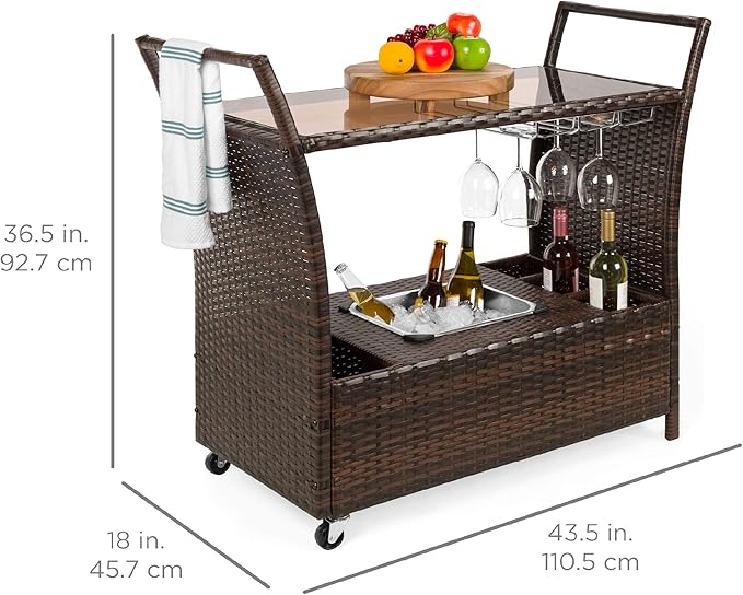 Best Choice Products Outdoor Rolling Wicker Bar Cart w/Removable Ice Bucket, Glass Countertop, Wine Glass Holders, Storage Compartments - Brown