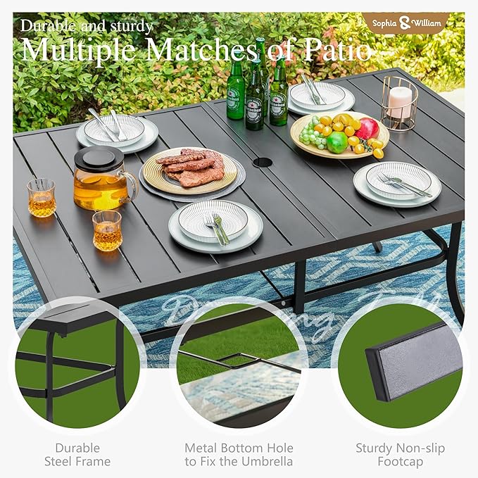 Sophia and William Patio Dining Set for 6, Outdoor Table and Chairs, Removable Blue Seat Cushions, 60" Black Patio Dining Table,Blue