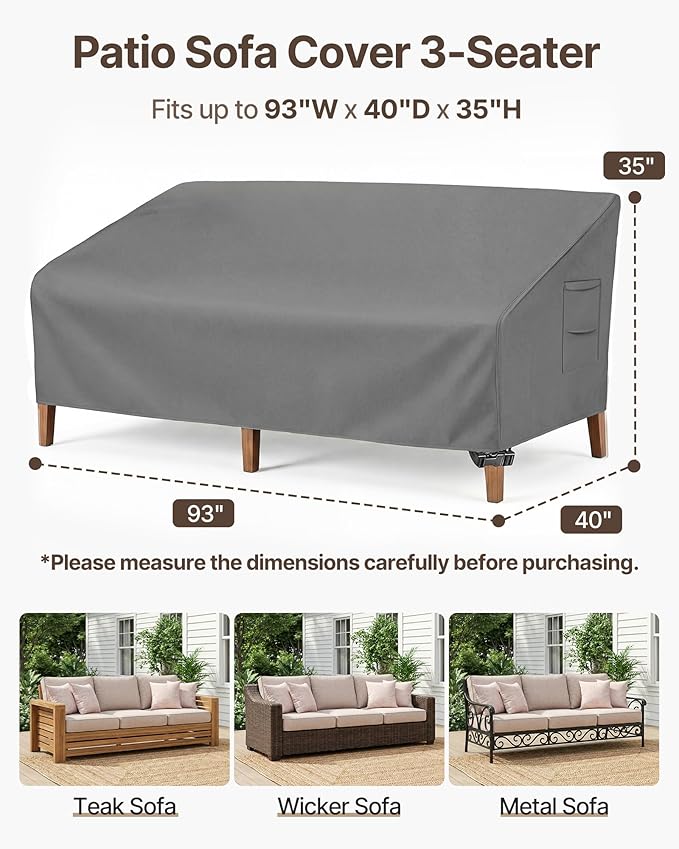 Vailge Heavy Duty Patio Sofa Cover, 100% Waterproof 3-Seater Outdoor Sofa Cover,Lawn Patio Furniture Covers with Air Vent and Handle,93" Wx 40" Dx 35" H,Grey