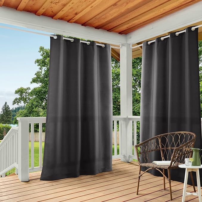 TOWN & COUNTRY BASICS Cabana Solid Heavyweight Indoor Outdoor Curtains, Light Filtering Opacity with Grommet Top, Water Repellent, 2-Pack Set, 54"x84", Charcoal
