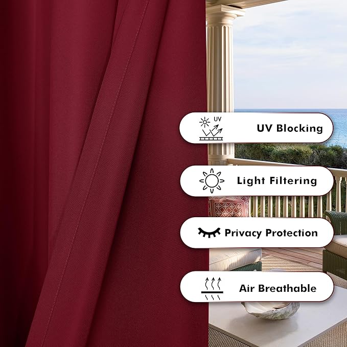 BONZER Wide Waterproof Outdoor Curtains for Patio Heavy Privacy Light Filtering Grommet Outside Curtains for Porch, Pergola, Gazebo, 1 Panel, 110W x 108L inch, Red