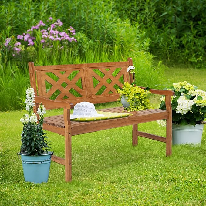 VINGLI 50" Outdoor Wood Bench, Weatehr Resistant Wooden Garden Patio Bench with Comfortable Backrest & Curved Armrest, 800lb Capacity Loveseat for Front Porch Park Yard Deck (Natural, Geometric)