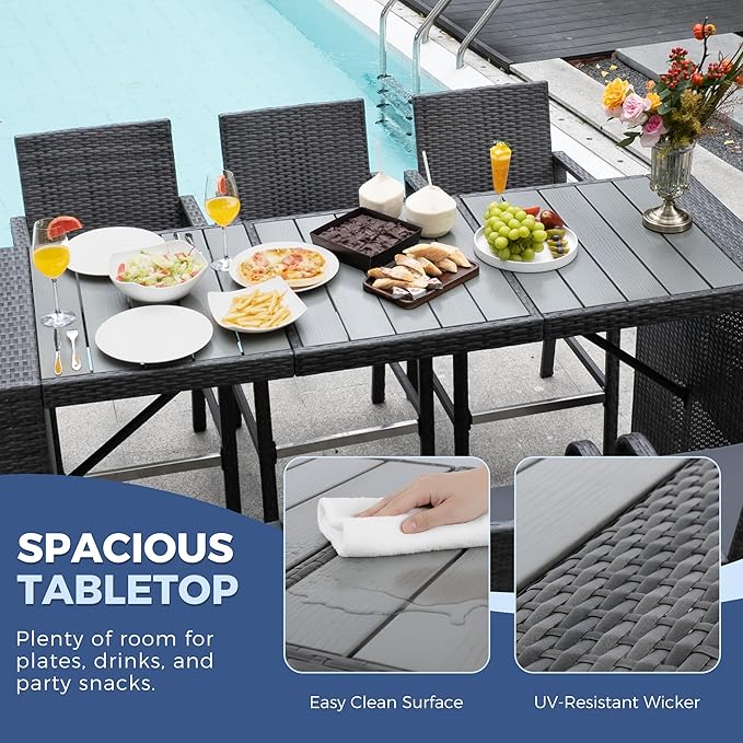 NICESOUL Wicker Outdoor Bar Set 5 Piece, 76" High Top Rattan Bar Table and Chairs Set of 4, Patio Counter Height Dining Table and Stools with Armrest & Cushions for Outside Backyard Poolside, Gray