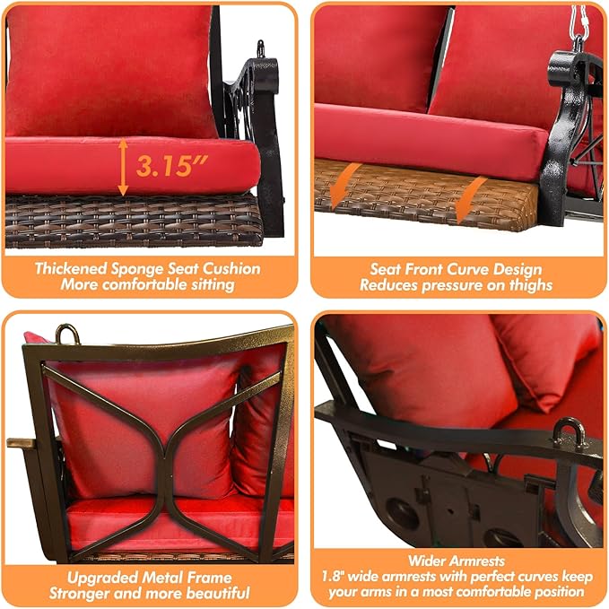 Heavy Duty 900 LBS Porch Swing Chair 3-Person Outdoor Rattan Patio Swing Lounge w/Cup-Holder & Steel Chains Wicker Hanging Bench Porch Swing Cushions for Deck & Backyard & Garden