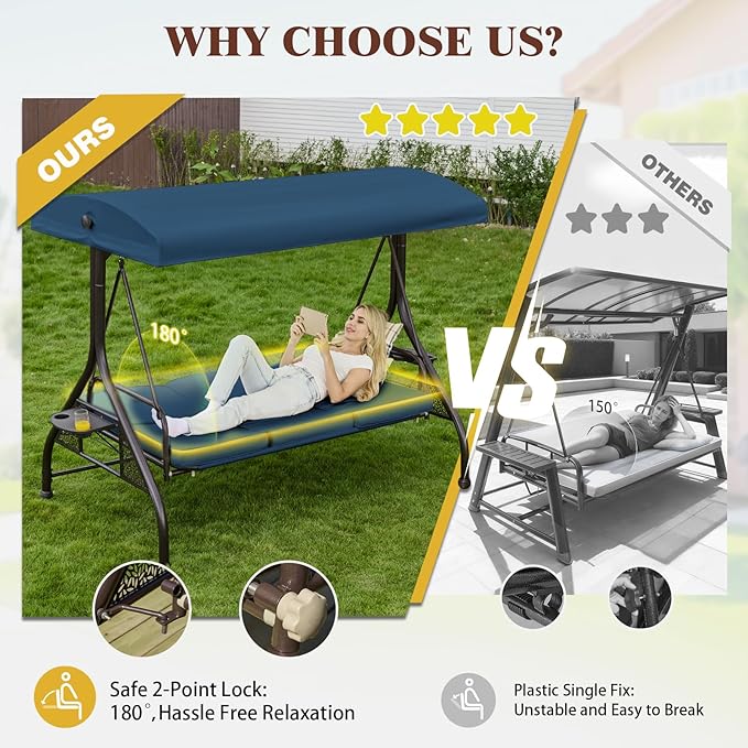 Upgrade 180° Convertible Outdoor Swing for Adults, Outdoor Porch Swing with Stand 800lb Bearing Capacity, 3-Seat Outdoor Swing with Canopy Adjustable, Thickened Cushions (Round, Blue)